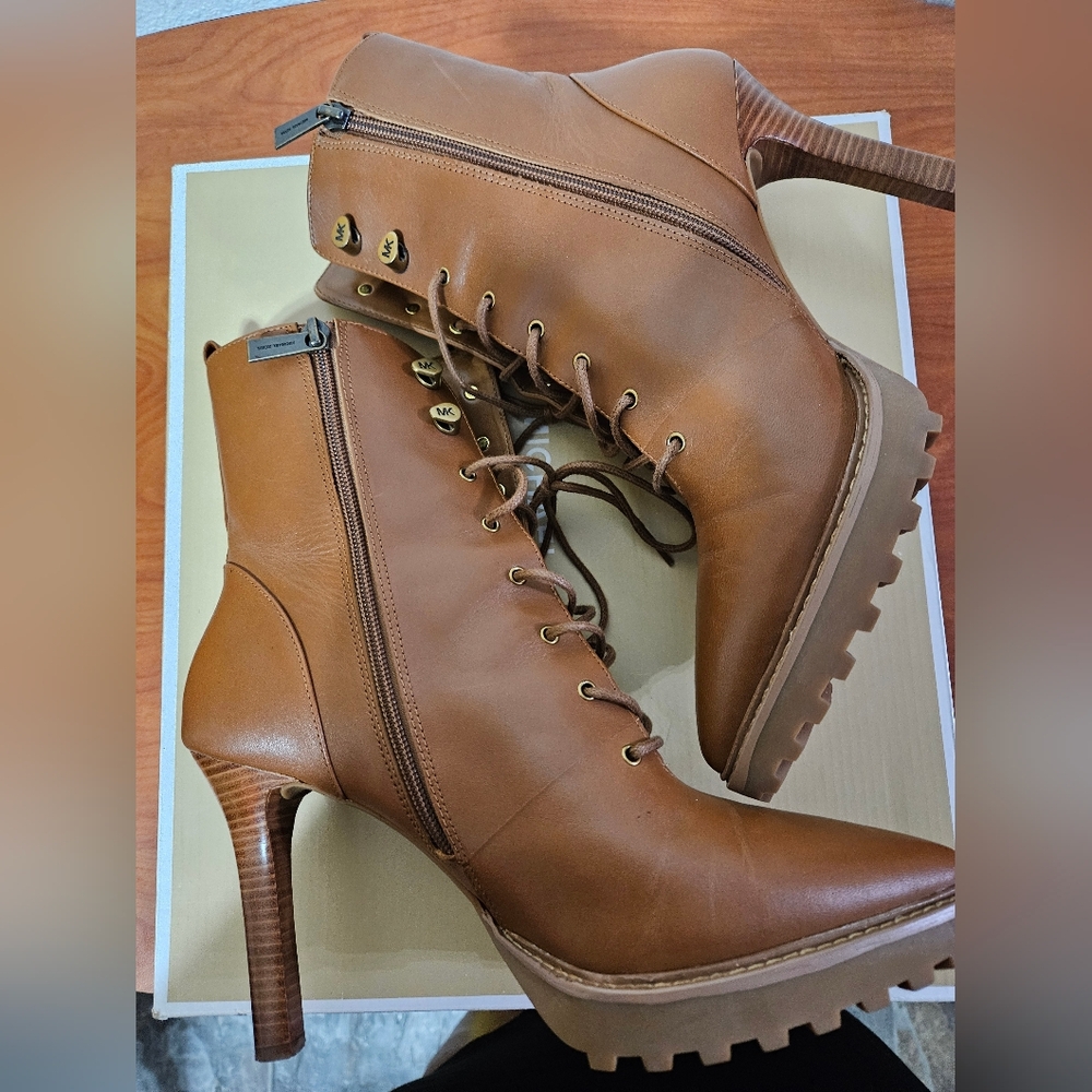 Michael Kors Tan Brown Leather Lace-Up High-Heel Ankle Boots - Picture 5 of 9